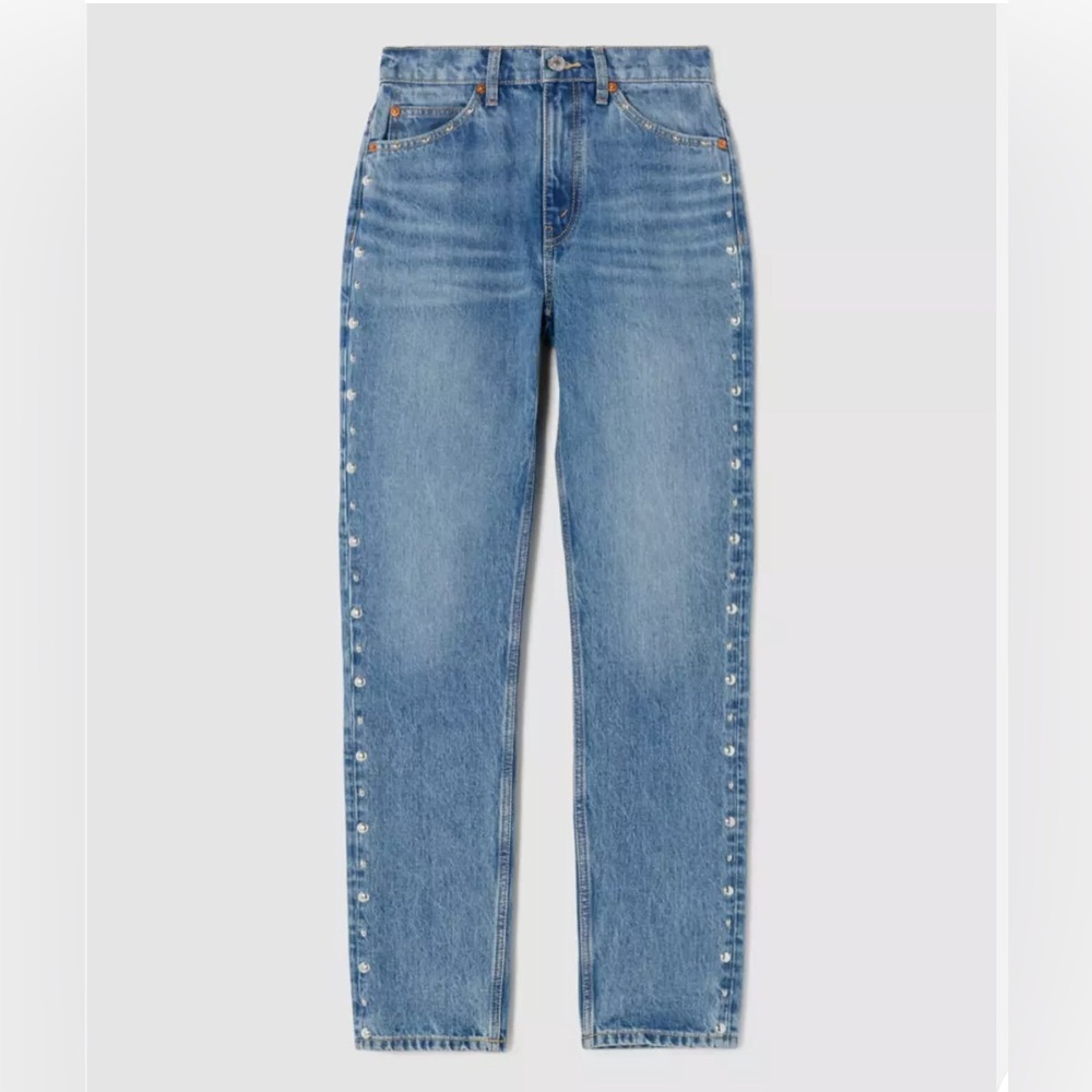 Re/Done Womens Sz 24  70’s Straight Leg Moon
Stoned Stud 100% Cotton Jeans